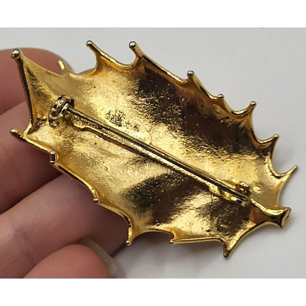 Vintage 14K Gold Plated Holly Leaf Brooch Pin 2in - Picture 3 of 5